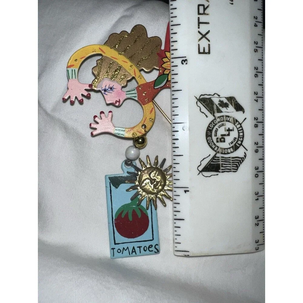 Vintage Karen Rossi Gardener Fairy Metal Stick Brooch Pin Sunflower Tomato Sun
